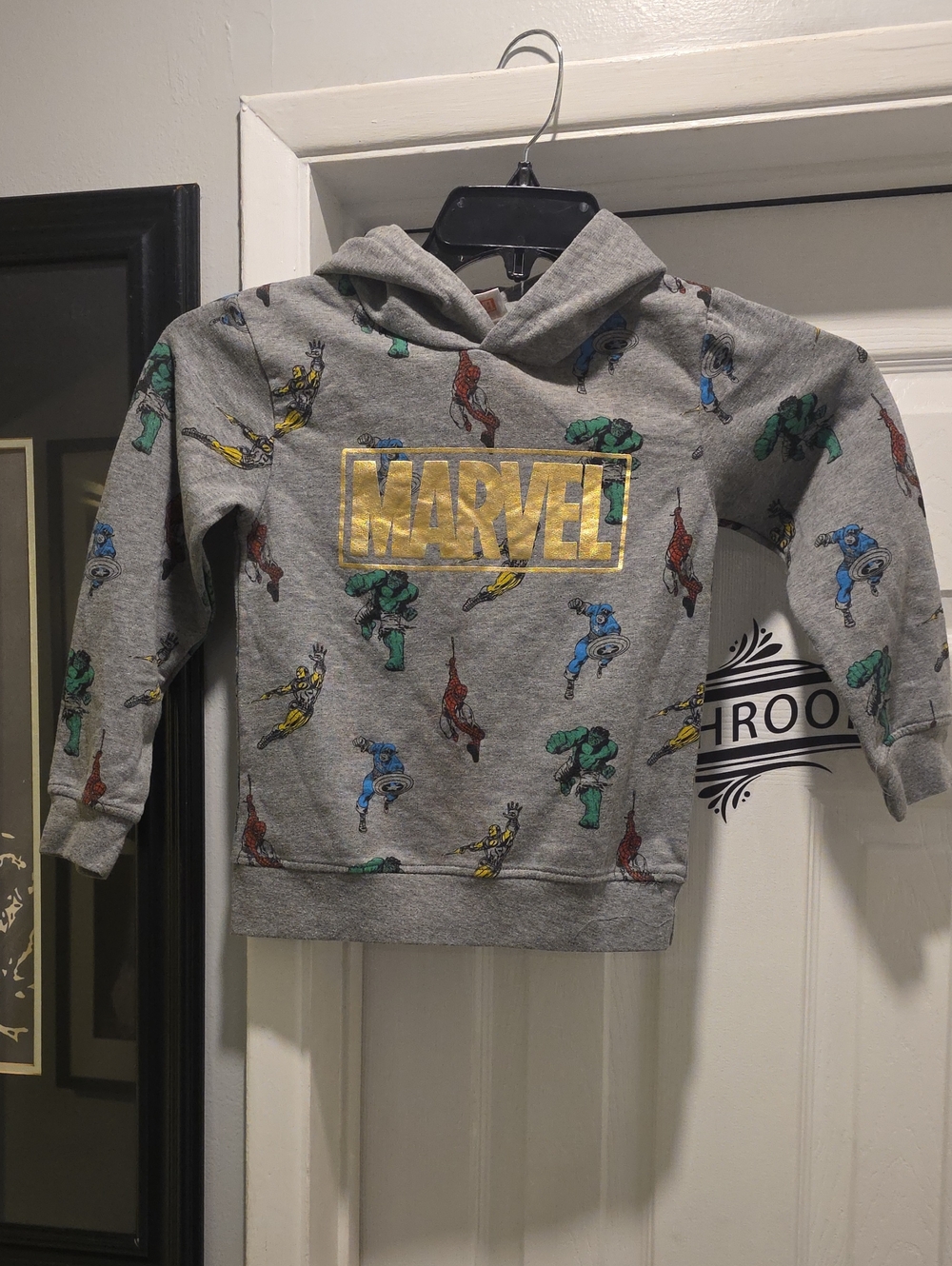 Marvel Kids Gray Hoodie with Gold Logo and Colorful Superhero Prints